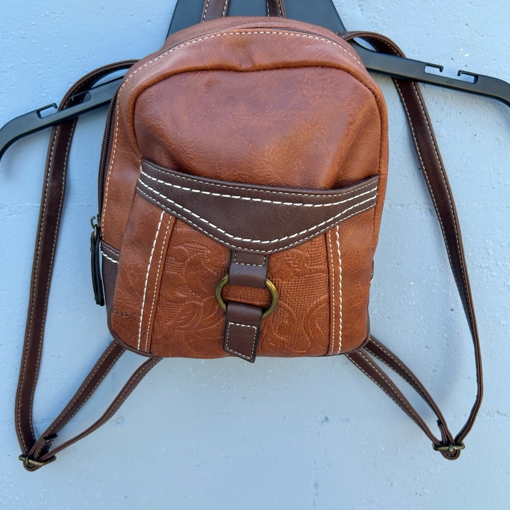 Brown Faux Leather Backpack with Contrast Trim